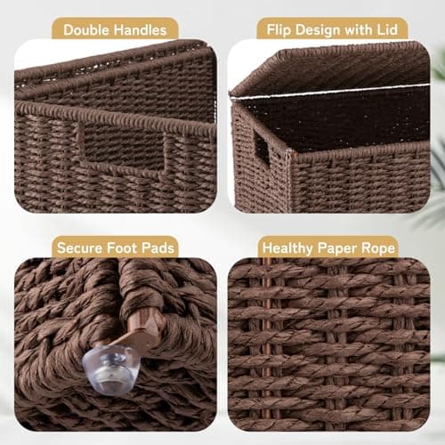 OIAHOMY Laundry Hamper with Lid, 23.8 Gal (90L) Wicker Hamper with Removable Liner Bags, Handwoven Clothes Basket with Handles, Foldable Woven Paper Rope Basket for Laundry Room, Bedroom-Brown 5