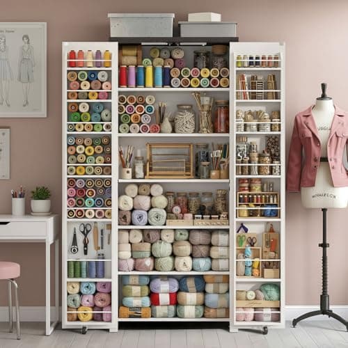 NEWOWNDS Craft Storage Cabinet with LED Lights​​ – 72" Adjustable Shelves Sewing Organizer, Multi-Purpose Sewing Cabinet for Craft Room/Home Office Storage