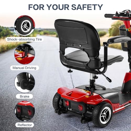 COCOLHOME 3-Wheel Electric Mobility Scooter Collapsible Portable Power Mobile Scooter for Adults and Seniors, Compact Duty for Travel with Long Range Extended Battery, Headlight, Red 7