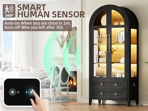 Vlsrka 71" Arched Curio Cabinet with Glass Doors, 4-Shelves Display Cabinet and 2 Drawers, Display Case with 3 Color Lights, Tall Bookcase, Kitchen Pantry, Black+Wood 5