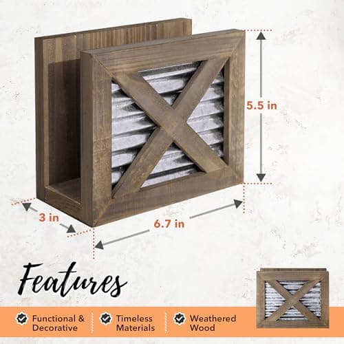 Autumn Alley Farmhouse Napkin Holder Wooden- Upright - Classic Barn Door Design with Galvanized Metal - Rustic Napkin Holder for Farmhouse Kitchen Décor - Country Kitchen Accessories 6