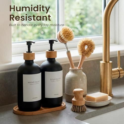 MaisoNovo Glass Dish Soap Dispenser for Kitchen Set of 2-16.9oz Dish and Hand Soap Dispenser Set for Kitchen - Black Glass Bottles x 2 with Black Bamboo Pumps & Tray 9