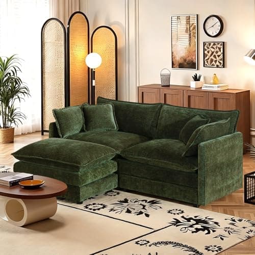SoarFlash Chenille Sectional Sofa, Comfy L Shaped Modular Coush Sofa with Ottoman, Modern 2 Seat Couch Deep Seat Sofa Set for Living Room,Green