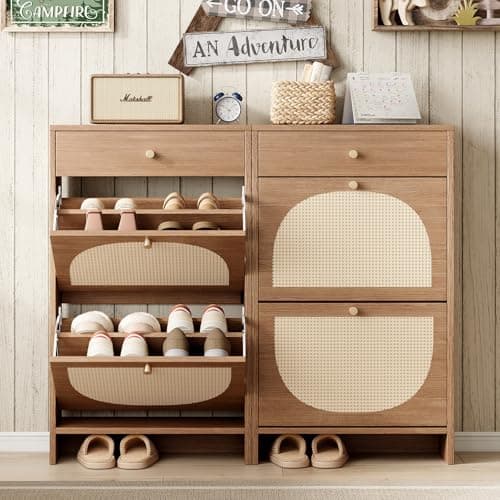 Nicetree Shoe Cabinet Storage for Entryway, Narrow Shoe Rack with 2 Flip Drawers and 1 Drawer, Freestanding Shoe Organizers with 3-Tier Adjustable Shelves for Hallway Foyer Rustic 7