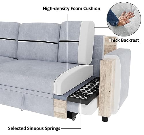 Ucloveria Sectional Sofa Couch, 82" Sleeper Sofa Bed with Reversible Storage Chaise Pull Out Couch for Living Room | Side Pocket | Cup Holders | Removable Backrest | Linen Fabric, Light Grey 7
