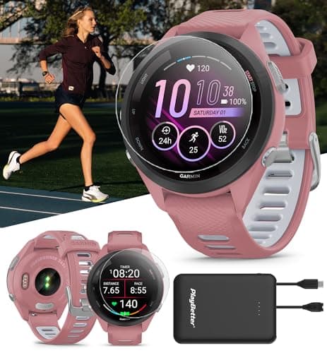 PlayBetter Garmin Forerunner 265S (Light Pink/Whitestone) Running GPS Smartwatch | Bright AMOLED Display, Recovery Insights | Bundle HD Screen Protectors & Portable Charger