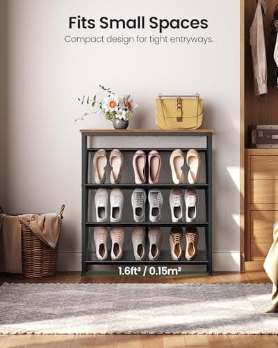 CHOEZON Shoe Rack, 4-Tier Slanted Shoe Storage Shelf, Narrow Shoe Rack for Entryway, Shoe Organizer with Adjustable Feet, Slim Shoe Shelf with Wooden Top and Metal Frame Rustic Brown and Black TXJ75BF 5