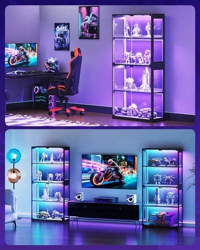AODK Display Case with RGB Lights, 4-Tier Display Cabinet with Glass Doors and Storage Shelves, Glass Display Cabinet Shelf for Collectibles, Black Curio Cabinet for Game Room 5