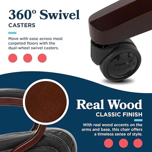 La-Z-Boy® Bellamy Executive Office Chair with Memory Foam Cushions, Real Wood Arms and Swivel Base, Waterfall Seat Edge, Faux Bonded Leather, Black 10