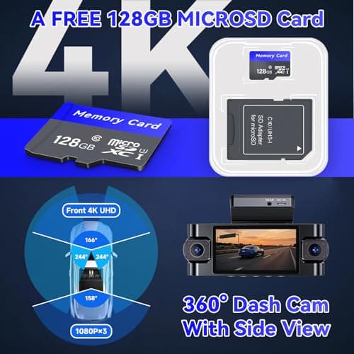 4 Channel Dash Cam 360° View,4K Front Rear Inside Dashcam,Left Right Dash Camera for Cars,Built-in GPS, 5G WiFi,Voice Control,Night Vision, 24/7 Recording Parking Mode Monitor, Free 128G Card 8