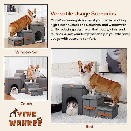 YingWahKee 18" H Pet Stairs Steps with Storage & Condo, Foldable Dog Stairs Steps for High Bed & Couch & Window Sill, Non-Slip Pet Ramp Ladder for Cats & Small and Medium Dogs (3-Step, 18" H) 6