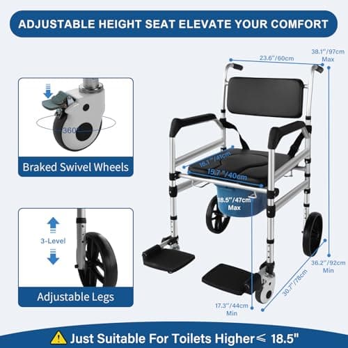 Rolling Shower Chair with Wheels for Elderly and Disabled, Foldable Wheelchair Lightweight Folding, Bedside Commode Chair with Arms for Toilet (Black) 6