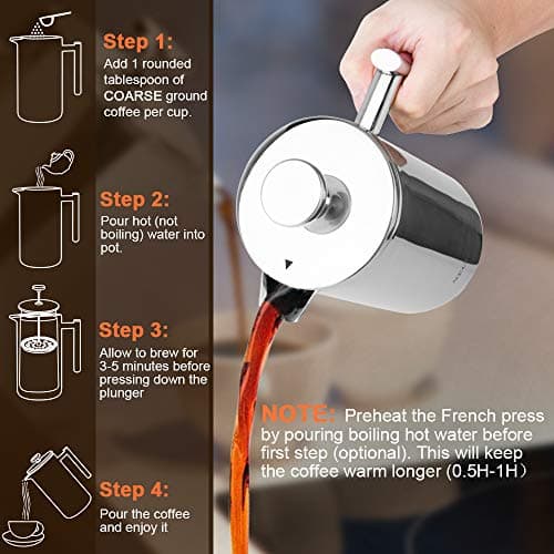 Secura French Press Coffee Maker, 304 Grade Stainless Steel Insulated Coffee Press with 2 Extra Screens, 17oz (0.5 Litre), Silver 6
