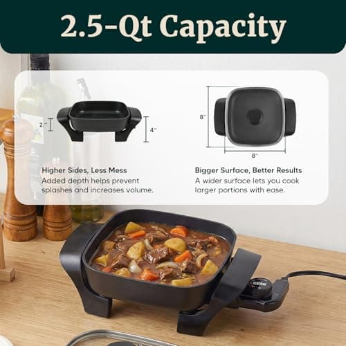 Elite Gourmet EG808 Electric Skillet 8"x8" Non-Stick Coating, Tempered Glass Lid, Removable Thermostat 200°F–400°F, Dishwasher Safe, 600W Compact 2.5-Qt Capacity for Eggs, Bacon & One-Pot Meals, Black 5