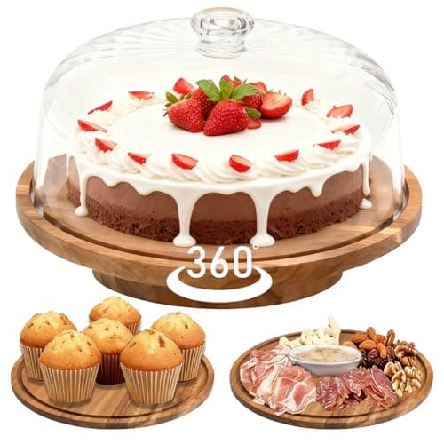 cutesun Cake Stand with Lid, Rotating Cake Stand with Lid & Dome, 11.8'' Acacia Wood Shatterproof 10.4'' Acrylic Cake Display Stand for Wedding, Birthday, Parties