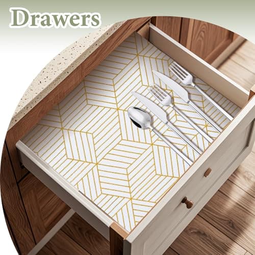 Shelf Liners for Kitchen Cabinets 12in x 20FT, Non Adhesive Cabinet Liner Strong Non-Slip Thickened Gold Geometric Drawer Liner, Easy to Clean for Shelf, Cabinet with Knife and Tape Measure 5