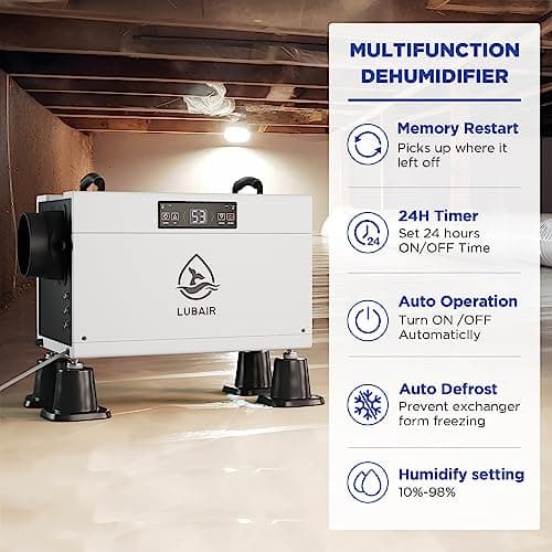 LUBAIR 145 pints Commercial Dehumidifiers for Basements,Energy Star Crawl Space Dehumidifier with Drain Hose,Industrial Dehumidifier for Large Space,Whole House,Auto Defrose 3