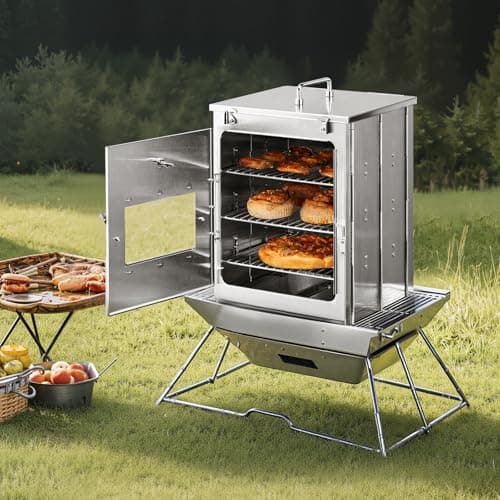 VEVOR Foldable Camping Oven, Stainless Steel Portable Camping Stove, with 3 Tier Grill, Handle and Thermometer, Use with Wood Burning Fire, Propane Stoves, for Baking Bread, Pizza, Outdoor Cooking 8