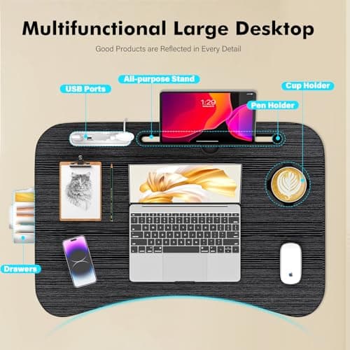 Lap Desk for Bed Adjustable Height, Foldable Bed Table with Storage Drawer, Tablet Slot & Cup Holder, Portable Laptop Stand for Bed & Sofa, Bed Desk for Adults & Kids, Black 5