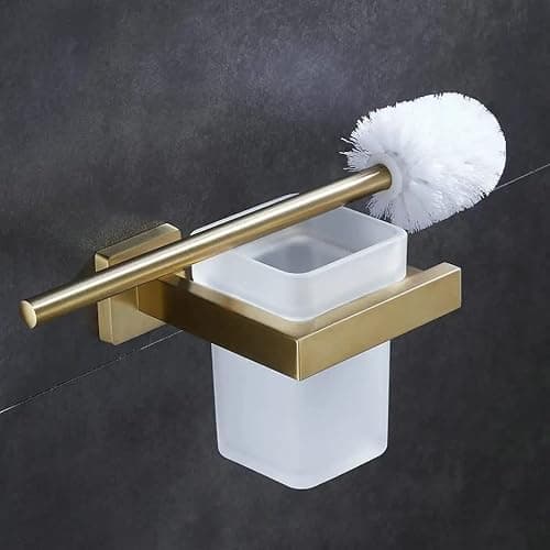 Brixline Upgraded Toilet Cleaner Bowl Brush and Holder Set Wall Mounted Modern Metal Glass Brushed Gold Scrubber Scrub Brushes Wand Household Supplies Essential Heavy Duty Best Home House Accessories 9
