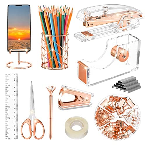 Rose Gold Office Supplies Set 11PCS, Aibocn Desk Accessories Stapler, Staple Remover, 1000pcs Staples, Tape Holder, Pen Holder, Pen, Scissors, Binder/Clips and Ruler, Gift for Students and Coworkers