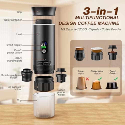 Zordin Portable Battery Espresso Coffee Maker for Travel, 20 bar Mini Car Espresso Machines, 3-in-1 Self-Heating Electric Espresso Maker, USB-C Ground Coffee & Capsule Pod(Ns&DG) RV, Hiking, Office 7