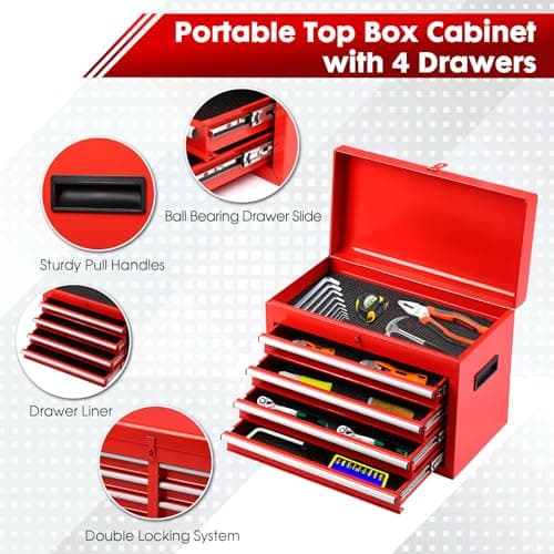 Dawmilon 5-Drawer Rolling Tool Chest with Wheels - High Capacity Tool Cabinet with Detachable Top Toolbox for Garage and Workshop Organization - Metal Tool Cart with Liner & 4 Hooks, Red 6