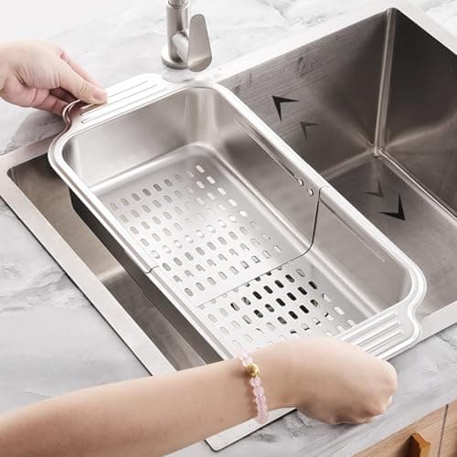 ZDRongZhen Kitchen Supply-Over the Sink Colander Strainer Basket Stainless Steel Retractable Kitchen Sink Basket -Wash Vegetables and Fruits, Drain Pasta and Dry Dishes,Extendable (Medium Silver)