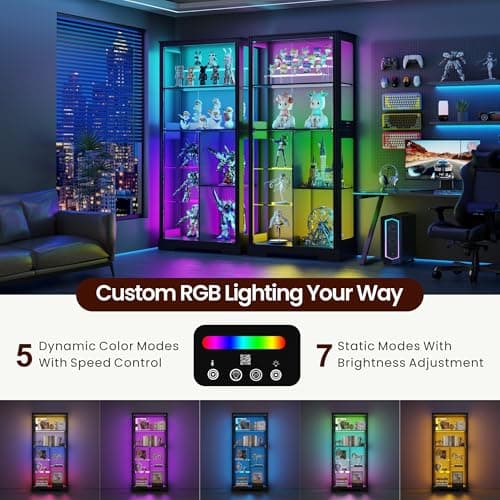 71” Glass Display Cabinet with RGB Light - Curio Cabinet with Glass Doors for Collectibles, 7-Tiers Tall Display Case with Human Sensor, Showcase with Removable Shelves for Figures, Lego (Black) 5