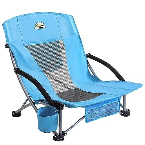 Colegence Low Back Camping Chair Support 300 LBS Carry Bag Included, Low Profile Folding Outdoor Chair, 23'' Large Camp Beach Chair with Phone Bag,Cooler Pocket,Cup Holder for Kids (Blue)