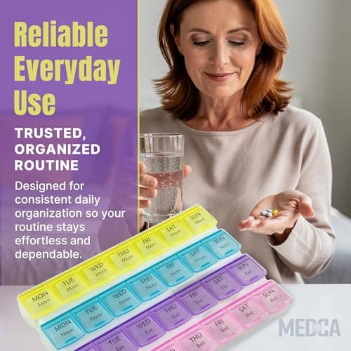 Weekly Pill Organizer - 4-Times-a-Day Pill Planner Pill Box Separates Pills & Vitamins with Daily Morning, Noon, Evening & Night Compartments, Travel Medication Reminder Monday to Sunday 5