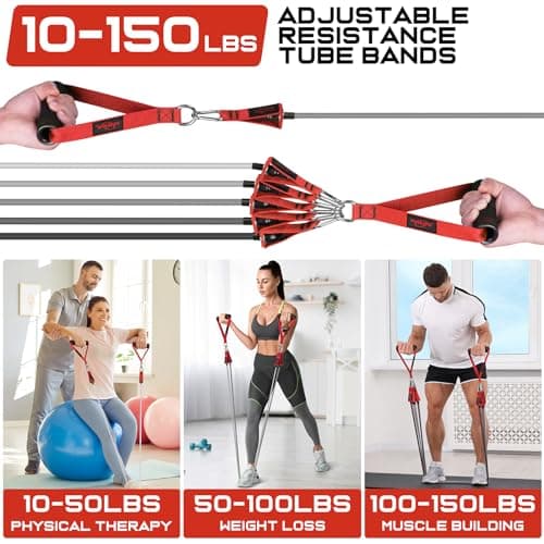 WALITO Resistance Bands Set - Exercise Bands with Handles, Door Anchor, Legs Ankle Straps, for Heavy Resistance Training, Physical Therapy, Muscle Training, Yoga, Home Workouts, Gym (Red 150Lbs) 5