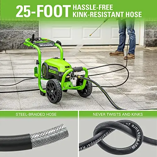 Greenworks Pro Brushless 3000 PSI (CSA Certified) 2.0 GPM Max / 1.1 GPM Electric Pressure Washer (Rugged Steel Frame, 25 FT Hose, 35 FT GFCI Power Cord) 8