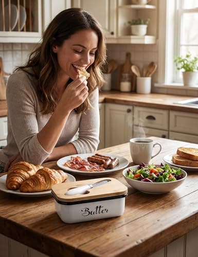 Butter Dish with Lid: Butter Dish for Countertop- AISBUGUR Metal Butter Keeper with Stainless Steel Multipurpose Butter Knife,Large Butter Container with Silicone Home Decor Kitchen Gift White 7