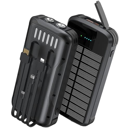 SOXONO Solar Charger Power Bank, PD 20W Fast Charging External Batter, 40000mAh Portable Phone Charger Built in 4 Cables with Dual Bright Flashlights for Camping, Hiking, and Outdoor Use (Black)