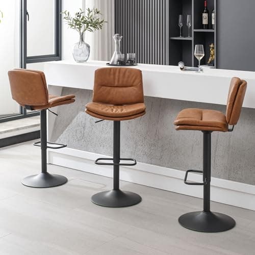 FIRAVOE Swivel Bar Stools Set of 3, Double-Layer Upholstered Counter Height Bar Stools with Back, Adjustable Bar Stool 24"-32", Faux Leather Barstools for Kitchen Island (Brown, 3PCS (24"-32"))