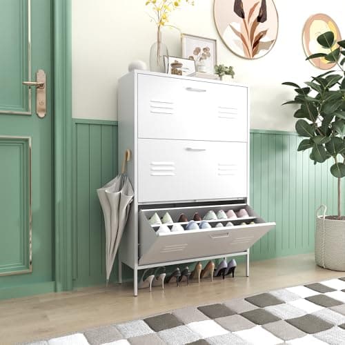 VIYET Metal Shoe Cabinet with 3 Flip Drawers, Shoe Storage Cabinet for Entryway Slim, Hallway, Living Room, Bathroom, Balcony, Hidden Modern Shoe Organizer Cabinet, Require Assembly(White)