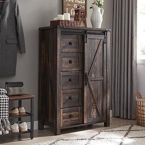 T4TREAM 5 Drawers Dresser for Bedroom w/Sliding Barn Door, Farmhouse Modern Tall Dresser 5 Chest of Drawers, Storage Organizer for Bedroom, Hallway, Living Room, Kids Room, Dark Rustic Oak