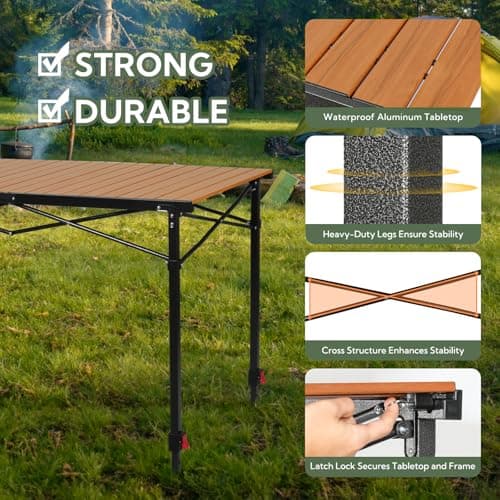 Join Nature Portable Outdoor Adjustable Height Camping Table, Large for 2-6 Person, Foldable Roll-up Aluminum Camp Table with Carry Bag for Picnic, Camp, Sturdy, Stable, Loads 220 Lbs 6