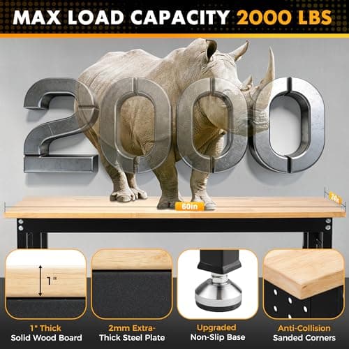 60" Adjustable Workbench with Rubberwood Top & Power Outlet,Large 60 x24Inch 9-Level Height Range 27"-37", 2000 LBS Heavy Duty Capacity for Workshop, Office, Garage, Home 5