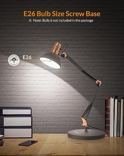 LEPOWER Metal Desk Lamp, Adjustable Goose Neck Architect Table Lamp with On/Off Switch, Swing Arm Desk Lamp with Clamp, Eye-Caring Reading Lamp for Bedroom, Study Room &Office (Sandy Black) 5