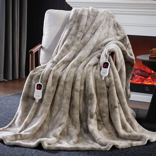 Guohaoi Heated Blanket Electric Throw, Soft Faux Rabbit Fur Electric Blanket with 10 Heating Levels 5 Sitting Timer Auto Off, Dual-Controller Heating Blankets, Machine Washable(84"×90" Light Grey)