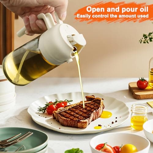 2 in 1 Glass Oil Sprayer & Dispenser,16oz/470ml Olive Cooking, Air Fryer, and Salad, for Kitchen Gadgets and Air Fryer Accessories, w/Stickers (White) 5