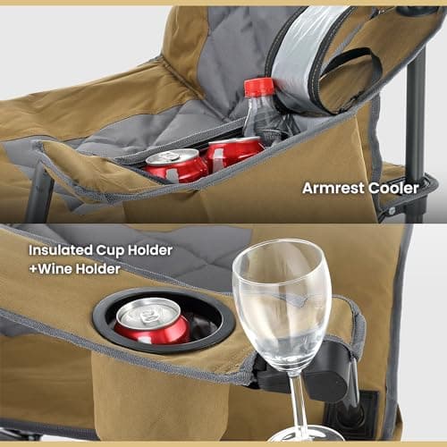 ARROWHEAD OUTDOOR Portable Deluxe Folding Camp Quad Chair w/Headrest, Glass & Cup Holders, Armest 6-can Cooler, Heavy Duty Carry Bag, 550 lbs Weight Capacity 5
