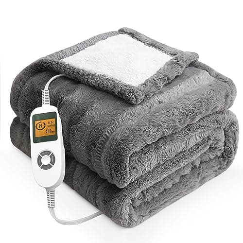 HOMLYNS Electric Heated Blanket Throw with 1-10hrs Timer Auto-Off & 10 Heating Levels, Faux Fur & Sherpa Heating Blanket with ETL Certified, Machine Washable (50”x60”, Grey)