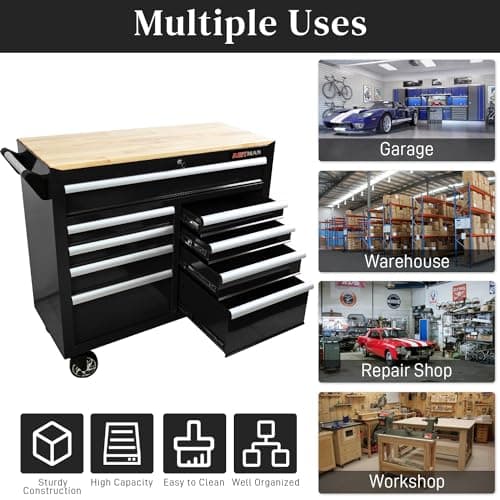Heavy Duty Rolling Tool Chest with 9-Drawer Wood Top Tool Cart Mechanic Tool Box with Wheels Tool Storage Cabinet Mobile Workbench Tool Bench for Garage, Warehouse, Workshop, Repair Shop (Black) 6