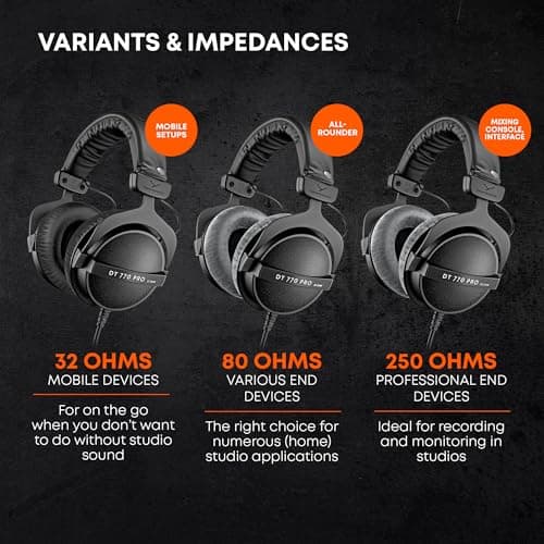 beyerdynamic DT 770 PRO, 250 Ohm, Closed Back, Over Ear, Wired Professional Studio Headphones, Audio Monitors, 3 m Coiled Cable, Black with Grey Velour Ear Pads 7