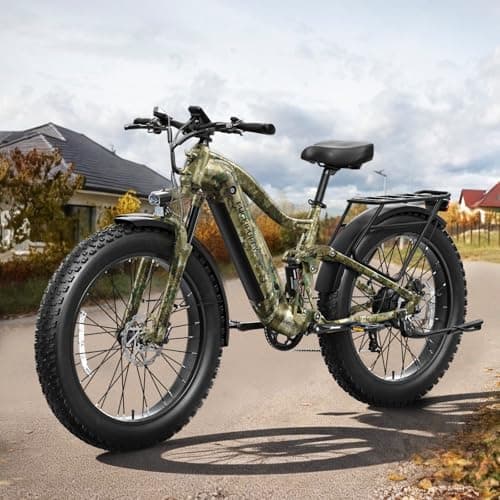 PUCKIPUPPY Boxer Electric Bike for Adults 960W, 48V 20AH Battery Ebike, Full Suspension 26" Fat Tire E Bike, 28MPH 80Miles Range Mountain Electric Bicycle, 7 Speed Hydraulic Disc Brakes Camouflage