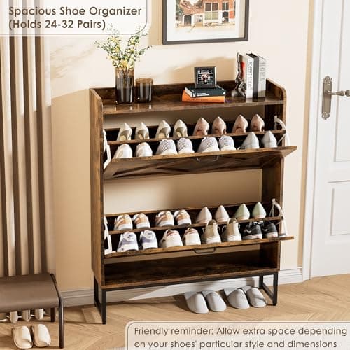 Nicetree Shoe Cabinet Organizer with 2 Flip Drawers, Freestanding Narrow Rack with Metal Legs, Farmhouse Slim Shoe Storage for Entryway, Foyer, Hallway, Rustic Brown 5