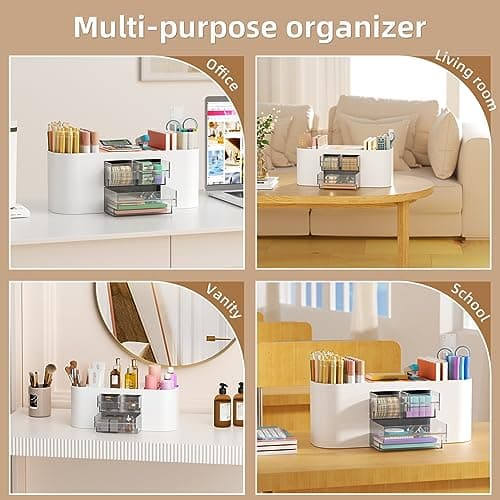 Marbrasse Desk Organizer Pen Holder for Desk with 3 Drawers, Multi-Functional Pencil Holder, Desk Organizers and Accessories with 7 Compartments for Home, School, Classroom(White) 6